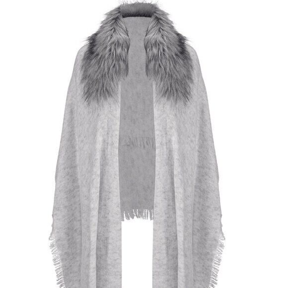 Cabi Heavenly Wrap Light Heather Gray Knit Black Tipped Faux Fur #4081 Fall 2020 - Picture 1 of 4
